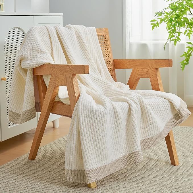 Amélie Home Chenille Throw Blanket, Soft Cozy Waffle Throw for Couch & Sofa, Warm Yet Lightweight, Breathable All-Season Throws for Women Men, Housewarming, Birthdays, 60"x80", Ivory