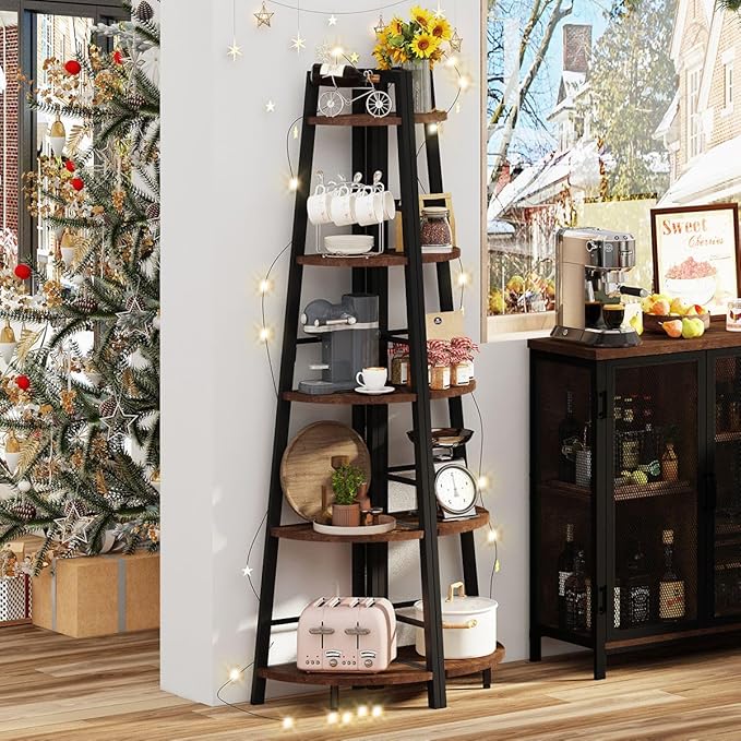 BON AUGURE Rustic Corner Ladder Shelf, 5-Tier Black Metal Wood Corner Bookshelf, Narrow Tall Bookcase Shelving Unit for Living Room, Home Office, Small Space (Rustic Oak)