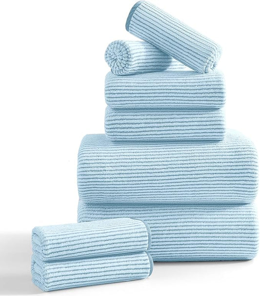 8-Piece Premium Towel Set for Bathroom|2 Oversized Large Bath Sheet,2 Hand Towels,4 Washcloths|Soft Cozy Highly Absorbent Fast Dry Microfiber Shower Towel Set for Hotel Bathroom Essentials,Blue