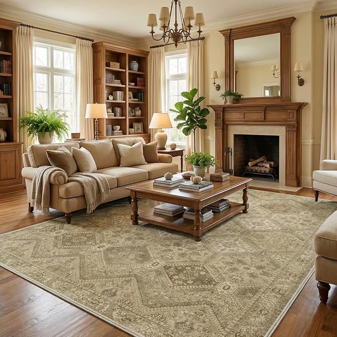 GENIMO 3x5 Area Rugs for Living Room, Machine Washable Non Slip Vintage Rugs, Low Pile Lightweight Print Rug for Bedroom, Dining Room, Home Office, Tan Brown