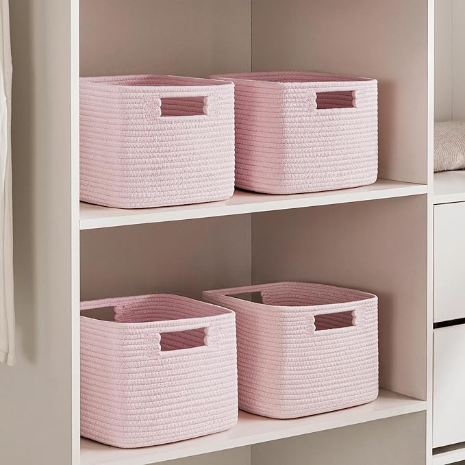 UBBCARE Storage Cubes 4 Pack, 11x 11x 7.8 Cube Storage Bin with Handles, Cotton Rope Baskets for Organizing, Woven Baskets for Shelf, Baby Nursery, Toy Storage, Closet, Classroom, Pink