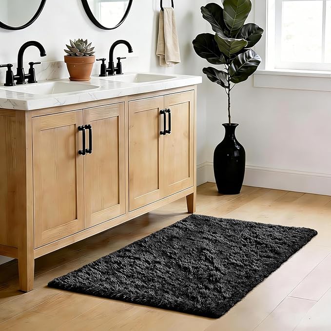Fluffy Rug Shaggy Area Rug, Black 3x5 Area Rugs for Bedroom, Small Bedside Rug, Soft Fluffy Shaggy Entryway Throw Rugs for Living Room Bedroom Kids Room Home Decor