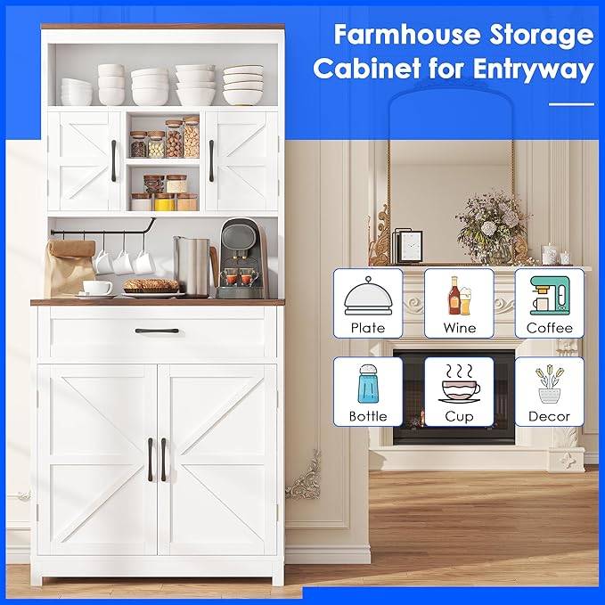 69.3" Tall Kitchen Pantry Cabinet with Door, Drawer and Storage Shelves, Large Storage Cabinet, Buffet Cupboard, Kitchen Hutch with Wide Countertop and Charge Holes for Home Office Use, White