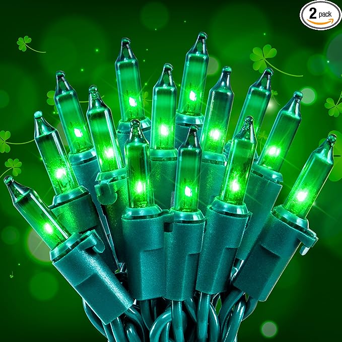 Hopolon Green St. Patrick's Day Mini Lights, 50 Count 2PACK Green Wire 13ft Incandescent Christmas String Lights Plug in for Outdoor Indoor Halloween Tree Holiday Lighting Decor (2pcs Green)