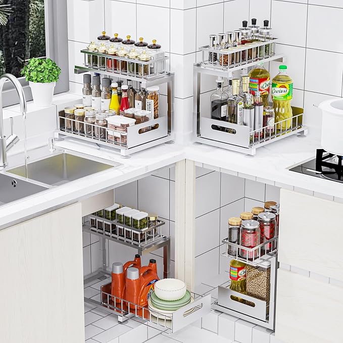 Under Sink Organizer, Heavy Duty Meta Slide Out Sink Shelf Organizer Height Adjustable, Multi-Purpose Storage Shelf for Kitchen Bathroom (Silver,2Pack)