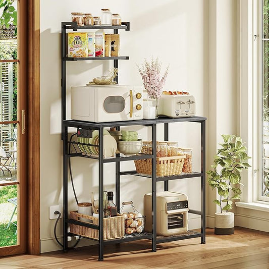 Huuger 31.5 Inch Bakers Rack with Power Outlets, Kitchen Microwave Stand with Storage, Coffee Bar with 4 Hooks, 3-Level Height Open Shelves, Grey