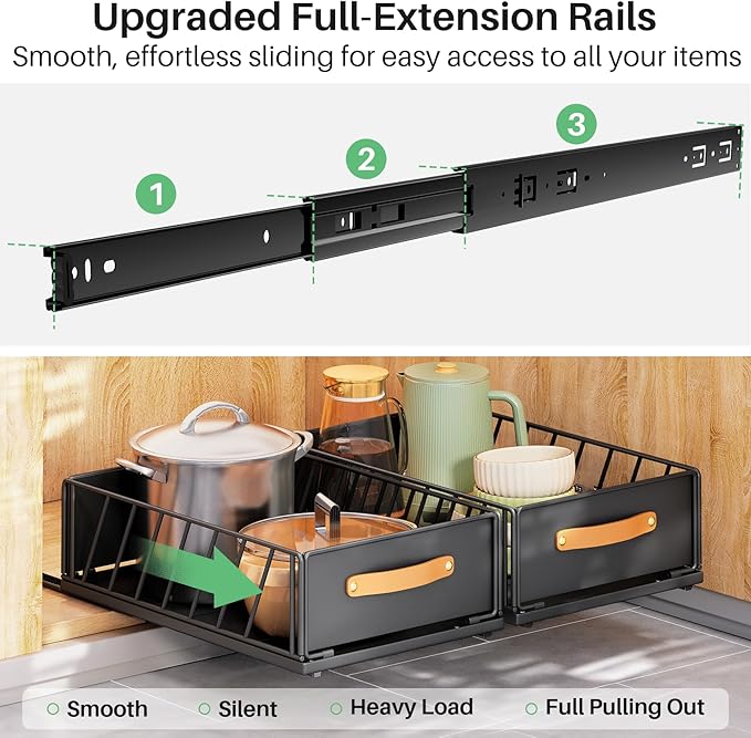 Pull out Cabinet Organizer, Fixed with Adhesive Nano Film,Heavy Duty Slide out Pantry Shelves Drawer Storage,Sliding Mesh Basket with Handle for Kitchen, Bathroom,Home, 13.8"W X15.7"D X6.2"H(Black)