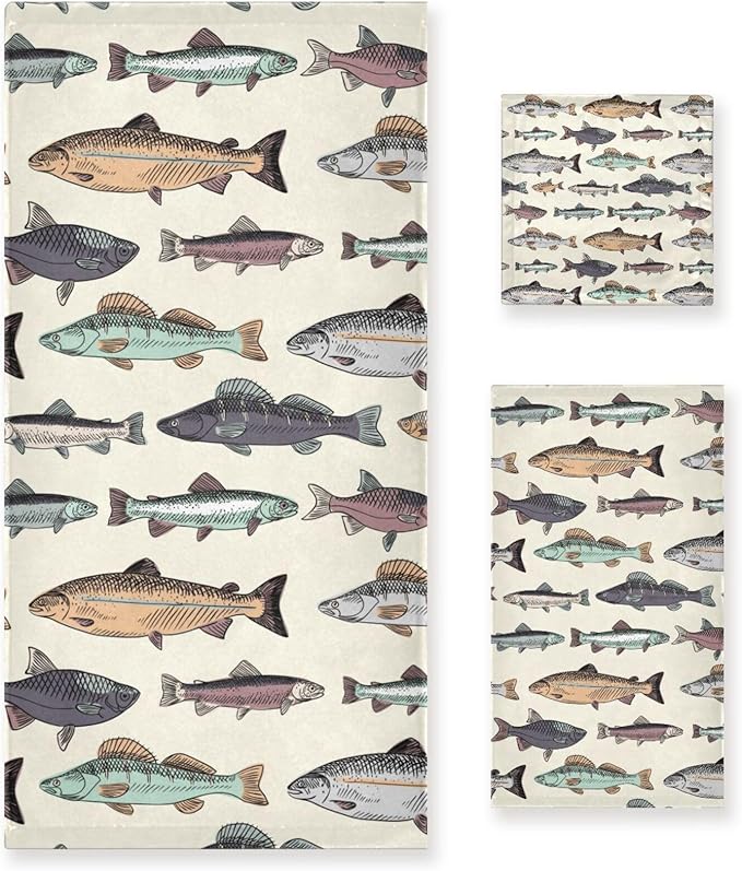 3 Piece Vintage Fishes Bath Towel Set,Microfiber Decorative Colorful Cartoon Carpet Lake Fish Animal Bathroom Towels,1 Bath Towel 1 Hand Towel for Bathroom Kitchen,1 Washcloth for Body Face