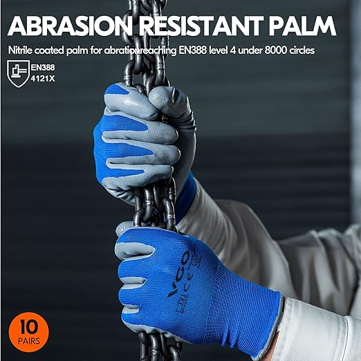 10-Pairs Safety Work Gloves, Gardening Gloves, Non-slip Nitrile coating, Dipping Gloves (Size S, Blue, NT2110)