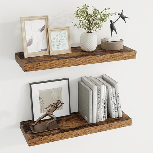 Dreamland 24 Inches Floating Shelves for Wall,6.7 Inch Deep Floating Shelves Set of 2, Large Display & Storage Shelf, Wall Shelf for Bathroom Bedroom Living Room Kitchen Office,Rustic Brown