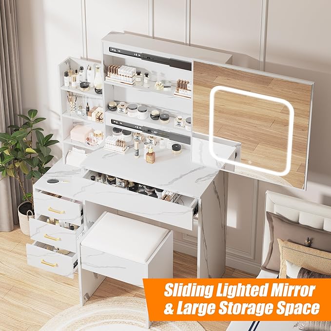 Vanity Desk with Sliding LED Mirror, Makeup Dressing Table with 4 Drawers, Storage Shelves, Power Outlet & Cushioned Stool, Adjustable 3 Lighting Modes, Modern Vanity Set for Bedroom, Marble White