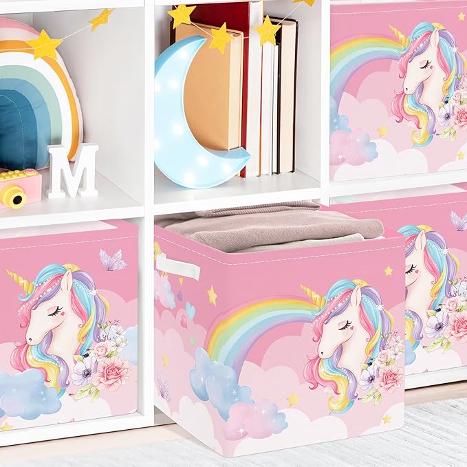 Clastyle Pink Unicorn Rainbow Kid Storage Basket Set Foldable Closet Clothes Organizer Nursery Toddler Toy Bin Girl Book Shelf Basket, Cloud, 11.8x11.8x11.8 in