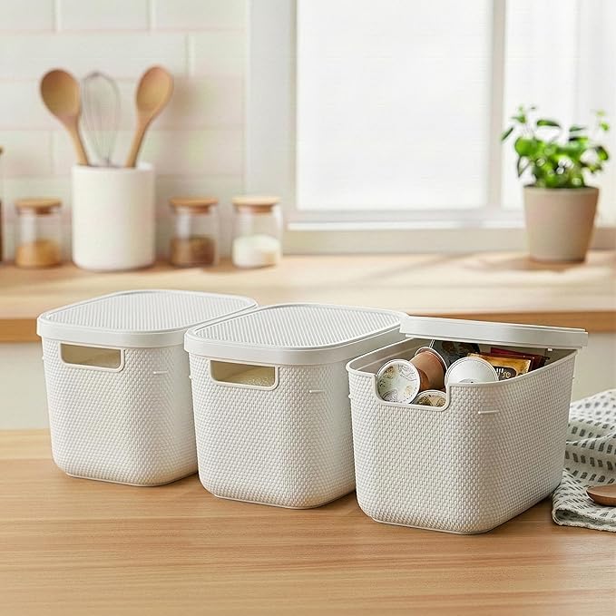 BINO | Plastic Storage Bins with Lids, 5.5 Liter - 3 Pack, White | THE TWILL COLLECTION | Plastic Bins for Organization | Woven Storage Baskets for Organizing | Pantry Shelf Organizer Basket Bin