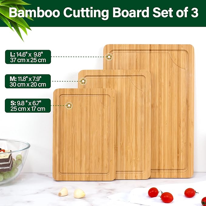Bamboo Cutting Board Set of 3, Cutting Boards For Kitchen with Juice Groove, Bamboo Chopping Board Set, Serving Board Set for Meat, Fruit Vegetable and Cheese