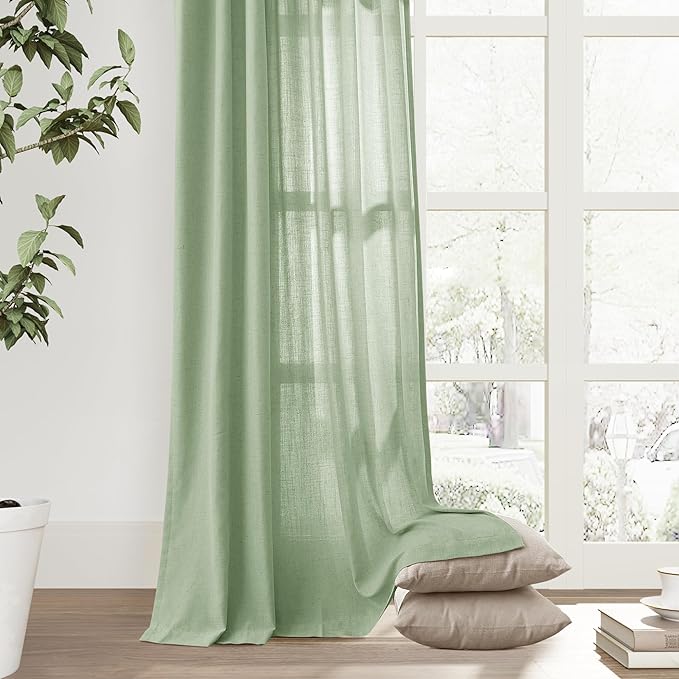 Joywell Mist Sage Back Tab Rod Pocket Linen Curtains 96 Inches Long 2 Panels for Living Room Bedroom Neutral Boho Farmhouse Rustic Light Filtering Semi Sheer Curtains Window Treatment 52x96