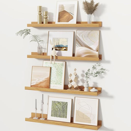 Fun Memories Picture Ledge Shelves Set of 4, 24 Inch Rustic Wall Mounted Floating Shelves with Lip for Home Storage and Décor in Bathroom, Kitchen, Nursery, Bedroom, Living Room, Oak