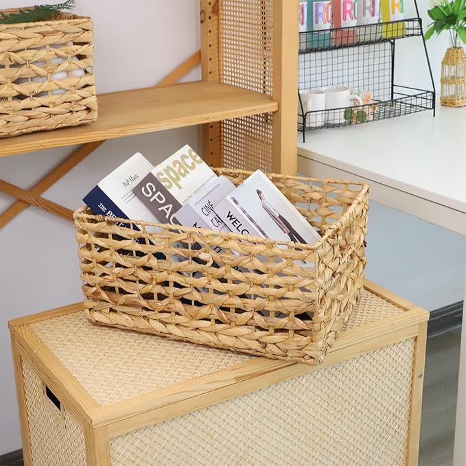 Rectangular Water Hyacinth Storage Basket — Wicker Basket for Organizing with Handle, Decorative Rattan Basket for Bathroom, Bedroom, Shelves & Living Room (Large)