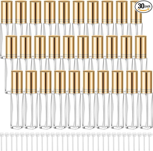 Domensi 30 Pcs 8 ml Empty Glass Perfume Bottles Bulk - Gold Refillable Cologne Spray Atomizer with Pump, for Travel, Skincare, Haircare, Cleaning & DIY Essentials