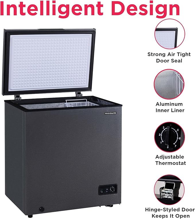 Frigidaire Chest Deep Freezer, 5 Cu. Ft. Capacity, Granita Rugged Design-Adjustable Thermostat-Removable Vinyl Coated Wire Basket-Easy Defrost Drain