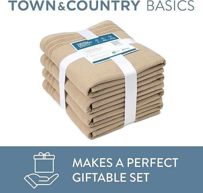 Town & Country Basics 6-Piece Assorted Waffle Woven Terry Stripe Set, 2 Bath Towel, 2 Hand Towel, 2 Washcloth, 100% Cotton, Quick Dry, Taupe