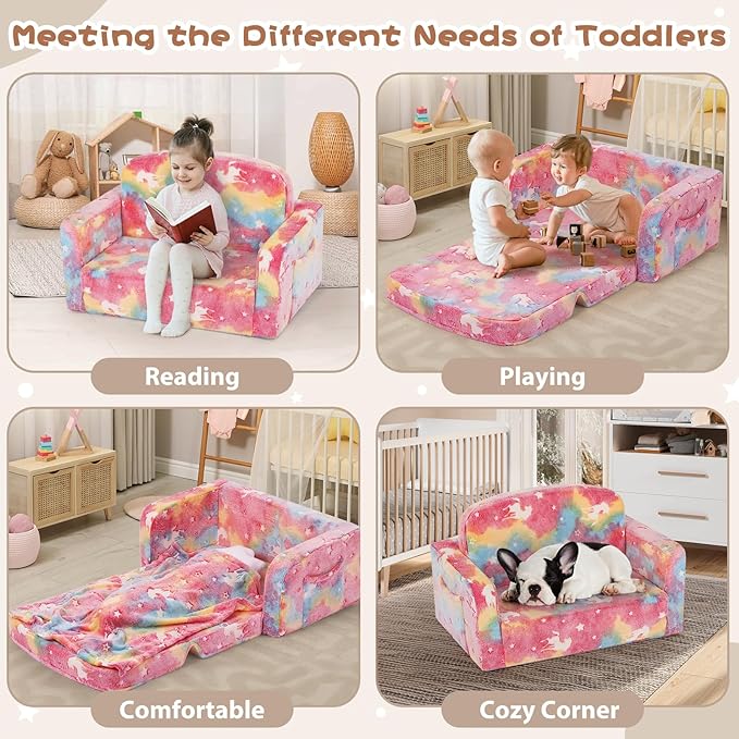Extra Wide Kids Couch, Kids Sofa, Toddler Sofa, Glow in The Dark, 2-in-1 Soft Toddler Couch with Blanket and Pillow, Pink