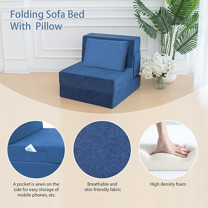 Folding Sofa Bed Chair with Pillow,Convertible Fold Out Chair Bed Sleeper,Foam Floor Mattress, Foldable Futon Couch Bed for Living Room/Dorm/Guest/Office (Blue, Single)