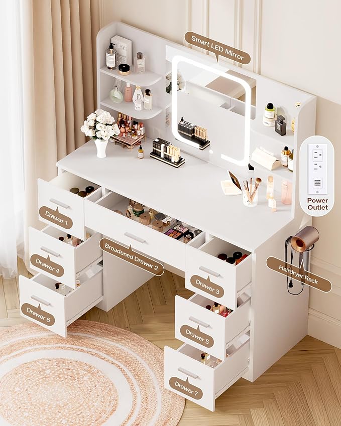 Large Makeup Vanity Desk, 43.3”W x 15.7“D x 53.2”H, White (Large Desktop, Samrt LED Mirror, 4 Open Shelves, 7 Drawers, Hairdryer Rack, Power-Outlet, No Cushion Stool Included)