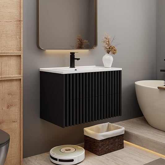 eclife 30" Floating Bathroom Vanity with Sink Combo, Modern Wall Mounted Cabinet with 2 Fluted Drawers, Undermount Sink, Faucet, Drain, Black