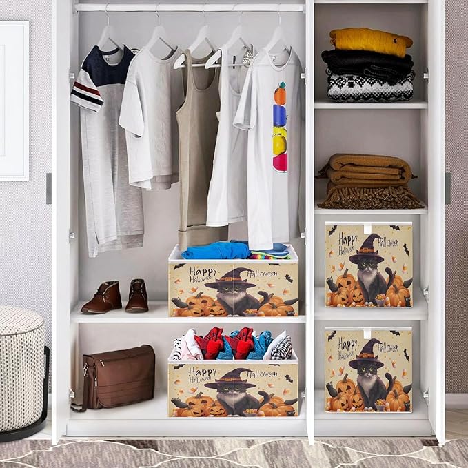 Bolaz A Stylish Cat in A Witch Hat Surrounded by Pumpkins Closet Organizers Storage Cubes Storage Bins Shelf Baskets Containers for Home Room Office,Rectangle