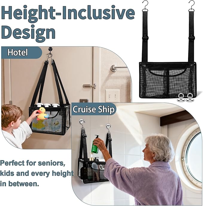 Black PVC Mesh Hanging Shower Caddy with 2 Magnetic Hooks, Adjustable Portable Bathroom Organizer with Pockets for Cruise, Dorm, Gym, Camping, RV, 12"x6"x7"(LxWxH)