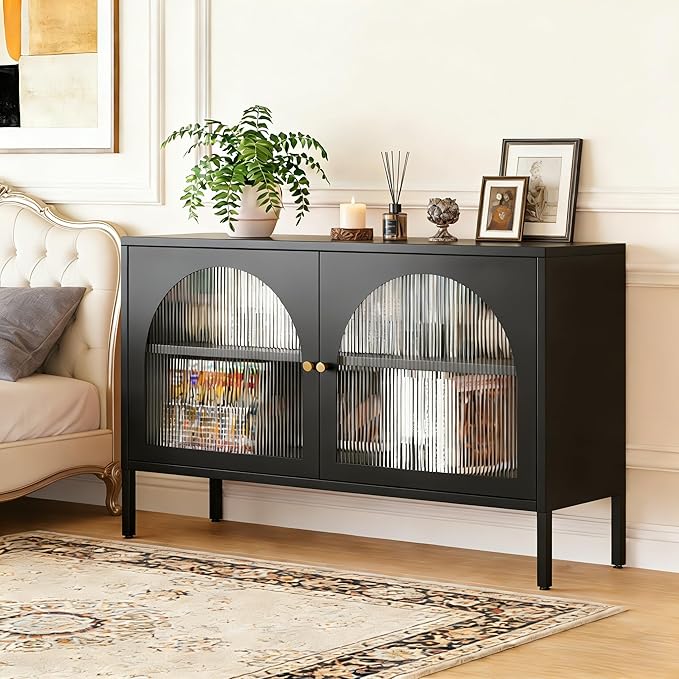 Metal Locker TV Stand, Accent Storage Cabinet with 2 Acrylic Doors, Low Hallway Cabinet with Adjustable Shelf, Sideboard for Home,Office,Entryway,Dining/Living Room,Bedroom,Black