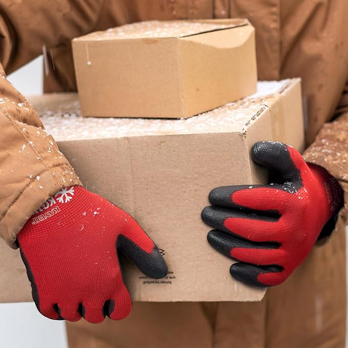 12 Pairs Winter Work Gloves for Men and Women, Thermal Insulated Safety Work Gloves PU Coated, Super Grip,Ideal for Freezer Work,Red,L