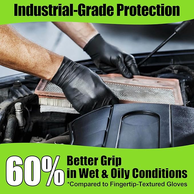 TREEGO Black Heavy Duty Rubber Gloves 10 Mil Nitrile Gloves - Raised Diamond Texture Grip for Automotive & Mechanic - Latex Free Disposable Gloves Medium, 100 Count