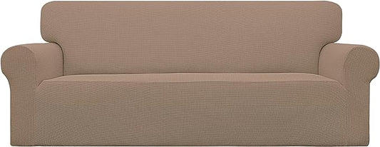Easy-Going Stretch Sofa Slipcover 1-Piece Sofa Cover Furniture Protector Couch Soft with Elastic Bottom for Kids, Polyester Spandex Jacquard Fabric Small Checks (Sofa, Camel)