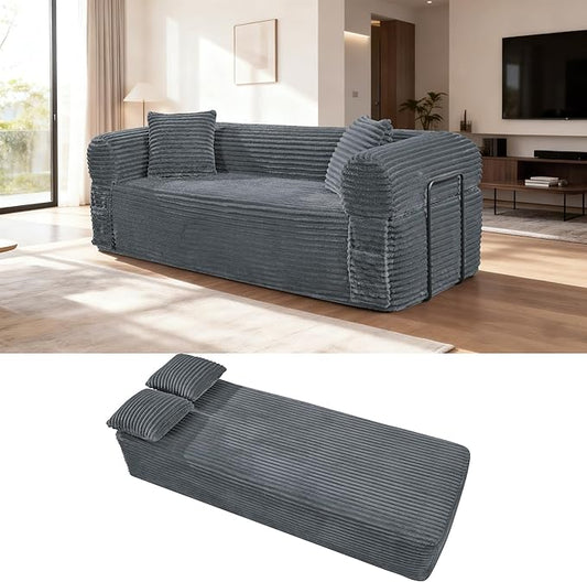 83'' Boneless Couch in A Box, No Assembly Needed Sofa Bed Couch 3 Seater Corduroy Modern Cloud Sofa 29'' Deep Seat with 2 Pillows & Removable Backrest for Living Room, Bedroom, Apartment, Gray | No Assembly Needed, High Density Foam, Removable Backrest...