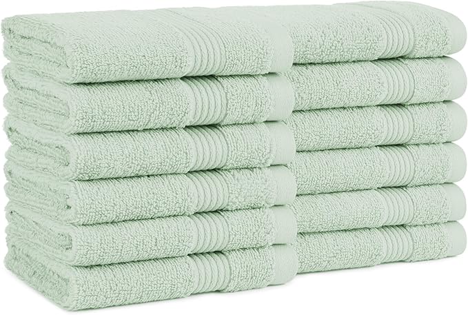 Arkwright Solid Washcloths, Pack of 12, 100% Cotton 600 GSM Soft Absorbent Face and Body Wash Towels for Bathroom, Hotel Spa or Vacation Rental, 13 x 13 in, Eucalyptus Green