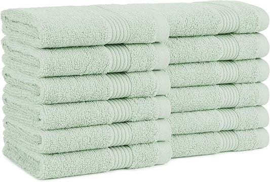 Arkwright Solid Washcloths, Pack of 12, 100% Cotton 600 GSM Soft Absorbent Face and Body Wash Towels for Bathroom, Hotel Spa or Vacation Rental, 13 x 13 in, Eucalyptus Green
