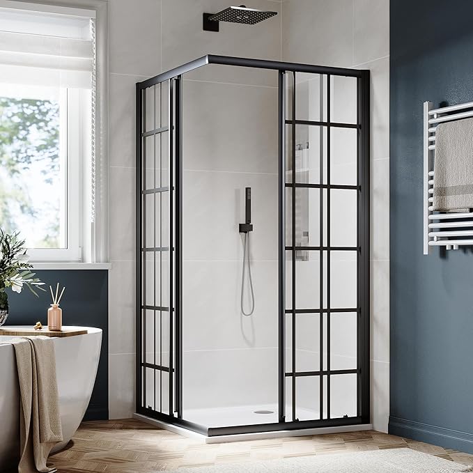 SUNNY SHOWER Double Sliding Shower Door with 1/4 in. Clear Tempered Glass Corner Shower Enclosure 34 in.D x 34 in. W x 72 in. H Corner Shower Doors Black Hardware Framed Glass Shower Stalls