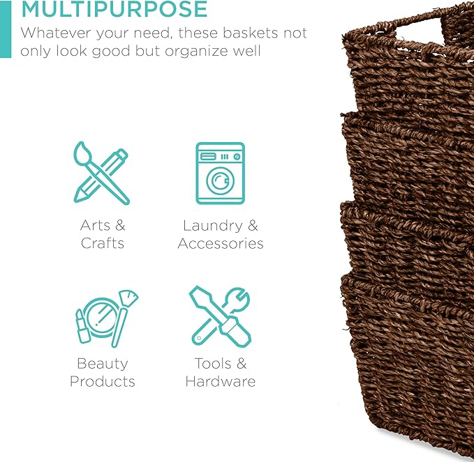 Best Choice Products Rustic Set Of 4 Multipurpose Stackable Seagrass Storage Basket, Handwoven Laundry Organizer Totes for Bedroom and Living Room, Shelves, Pantry w/Insert Handles - Brown