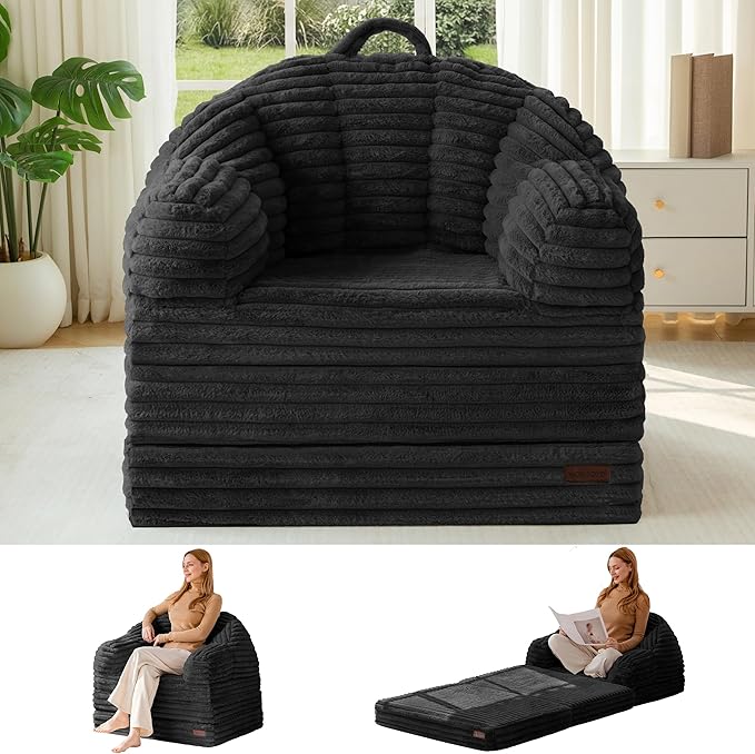 MAXYOYO Folding Sofa Bed, 2 in 1 Convertible Sofa to Lounger Comfy Faux Fur Bean Bag Chair for Adults, Floor Single Sleeper Couch Chair with Handle, Couch Bed for Living Room Bedroom, Black