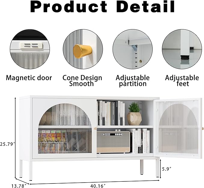 Metal TV Stand, Modern Storage Cabinet with 2 Acrylic Doors, Display Hallway Cabinet with Adjustable Shelf, Living Room Storage Cabinet for Home,Office,Entryway,Dining Room,Bedroom,White
