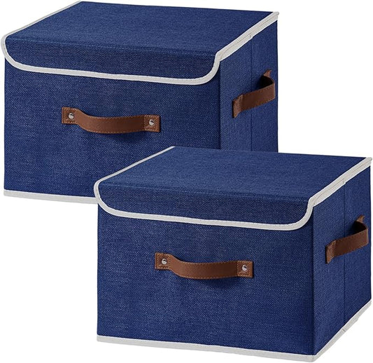 2PCS Collapsible Storage Boxes Baskets with Lid Cotton Linen Fabric Storage Bins with Faux Leather Handles Washable Cube Organizer Container for Home Closet Bedroom (Blue, Large Size)