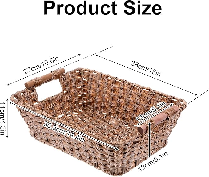 2-Pack Waterproof Wicker Storage Baskets with Handles – Hand-Woven Polypropylene Storage Bins for Pantry, Kitchen, Bathroom (15”L x 10.6”W x 5.1”H, Brown)