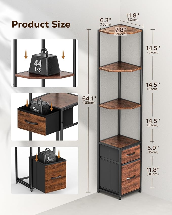 Corner Shelf Stand 6-Tier - 63.8" Tall Corner Bookshelf with Storage Drawers