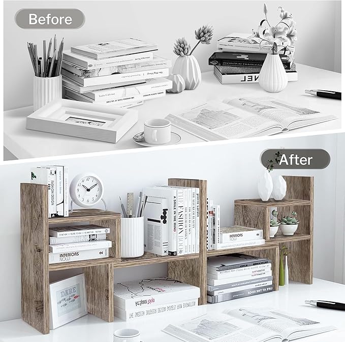 Jerry & Maggie Desktop Organizer Office Storage Rack Adjustable Wood Display Shelf Birthday Gifts Toy Home Decor Free Style Rotation Display True Natural Stand Shelf (Gray Oak/2 Pack)