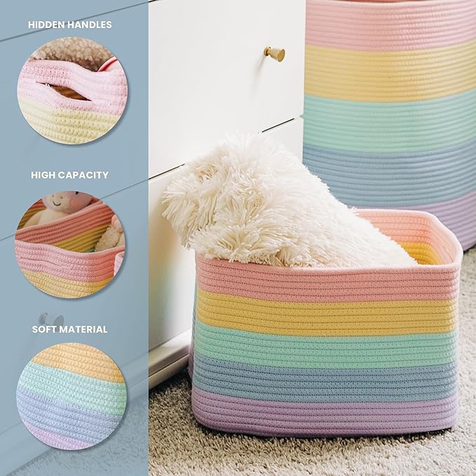 OrganiHaus Set of 3 Pastel Rainbow Baskets - Colorful Woven Storage Baskets for Playroom, Nursery & Classroom Decor, Toy Storage, 15x9x10