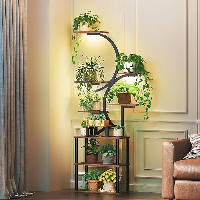 Plant Stand Indoor with Grow Lights, 9-Tier Metal Plant Stand, 69'' Tall Corner Display Shelf for Indoor Plants, for Living Room, Patio, Bedroom, Rustic Brown PT01BR
