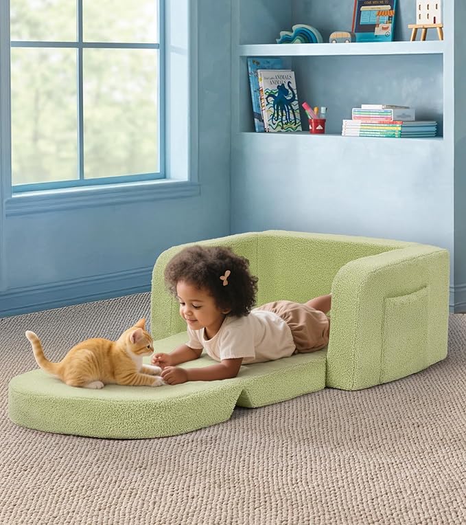 Kids Couch, 2-in-1 Soft Toddler Couch Fold Out with Blanket, Comfy Toddler Chair, Convertible Sofa, Gifts for Kids Girl Boys, Medium Green Rainbow