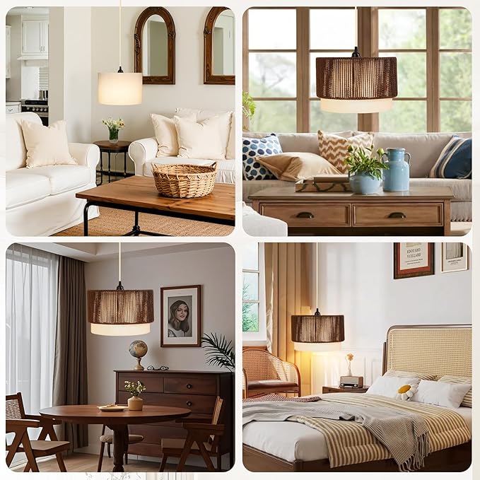 Plug in Pendant Light, Hanging Lamp with Woven Shade, Ceiling Light Fixture with On/Off Switch and 15FT Cord, Farmhouse Hanging Lighting for Living Room, Bedroom, Dining Room