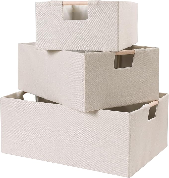 ANMINY 6PCS Storage Baskets for Organizing Collapsible Fabric Storage Bins Boxes with Wood Handles Closet Shelves Cube Organizer Bins Clothes Laundry Storage Container - Small, Beige